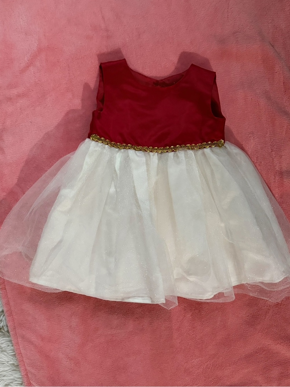 Red and White Tulle Party Dress with Gold Trim